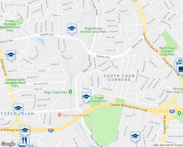 map of restaurants, bars, coffee shops, grocery stores, and more near 10027 Tenbrook Drive in Silver Spring
