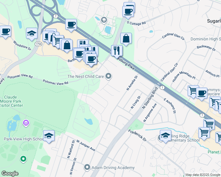 map of restaurants, bars, coffee shops, grocery stores, and more near 205 Edenberry Court in Sterling