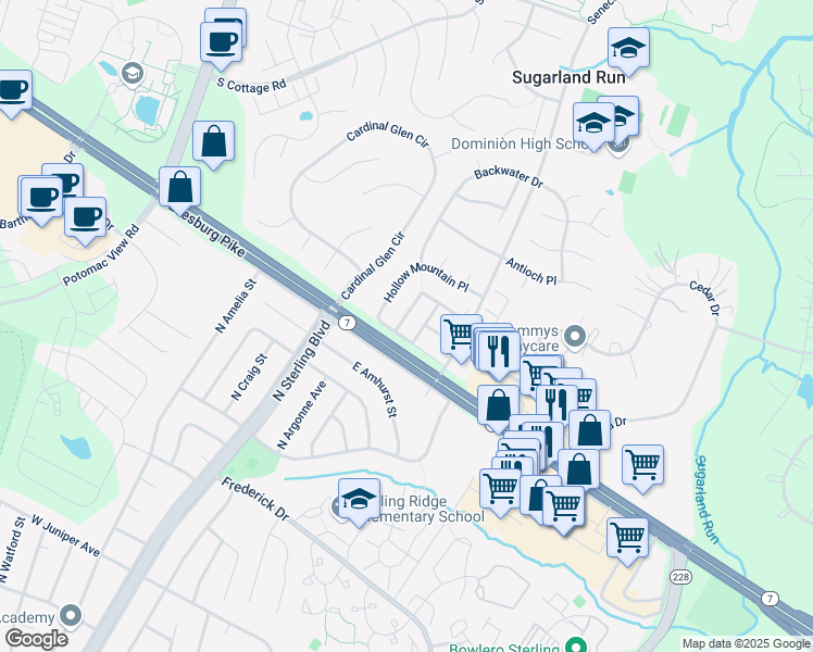 map of restaurants, bars, coffee shops, grocery stores, and more near 46751 Vermont Maple Terrace in Sterling