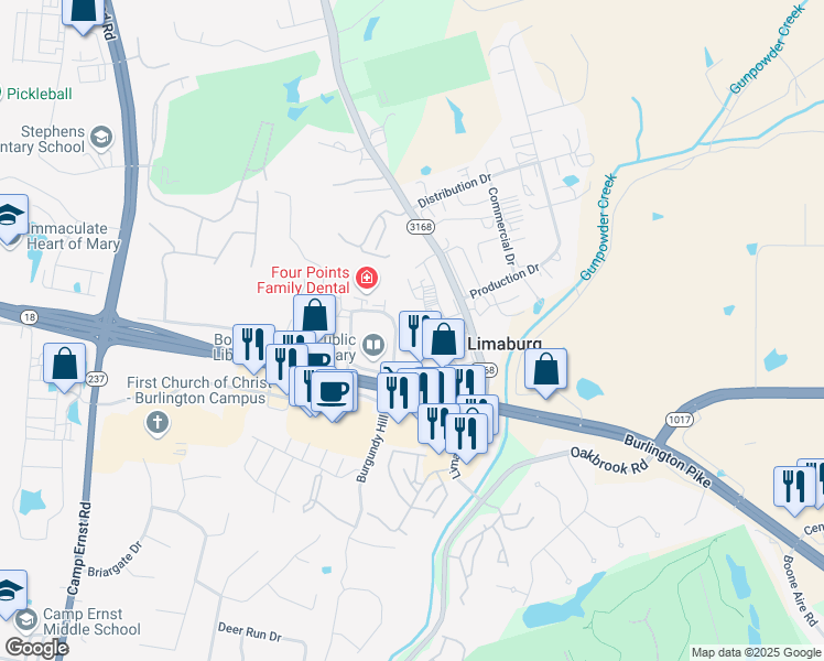 map of restaurants, bars, coffee shops, grocery stores, and more near 5904 Taylor Drive in Burlington
