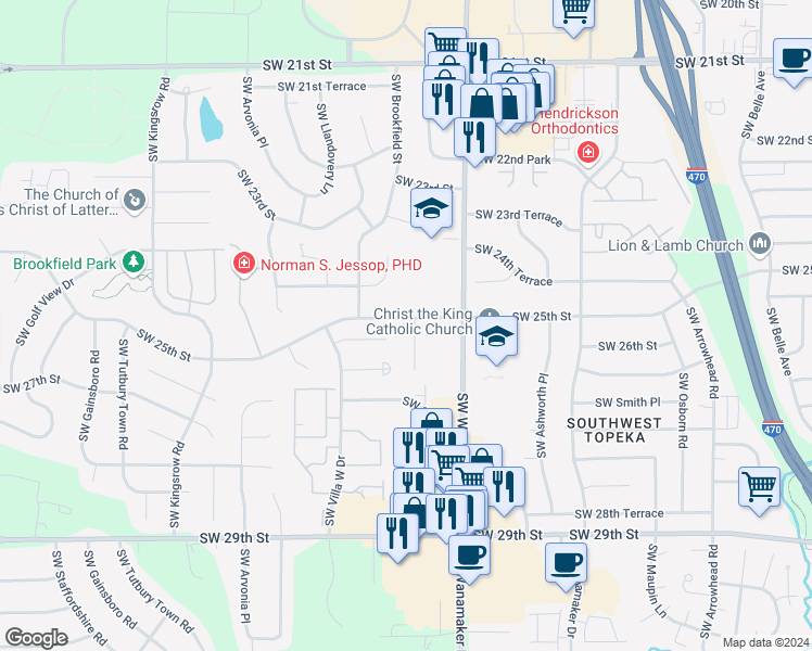 map of restaurants, bars, coffee shops, grocery stores, and more near 2501 Southwest Brandywine Lane in Topeka