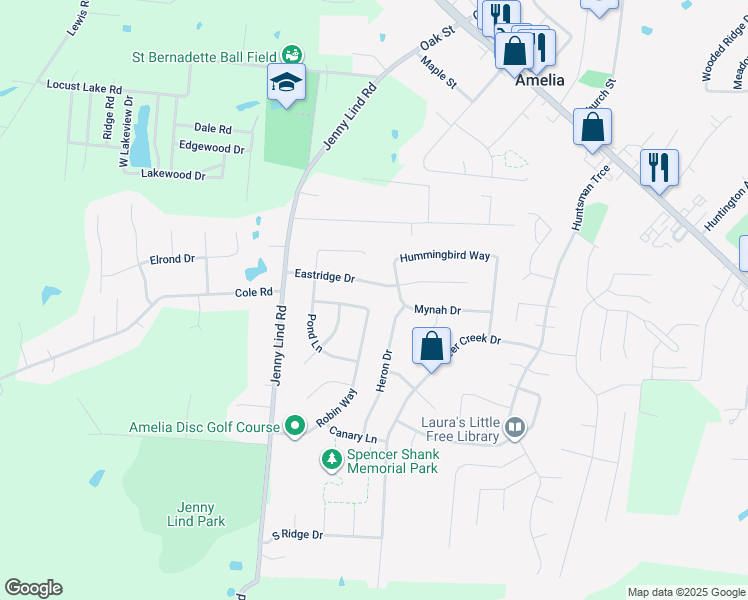 map of restaurants, bars, coffee shops, grocery stores, and more near 18 Robin Way in Amelia