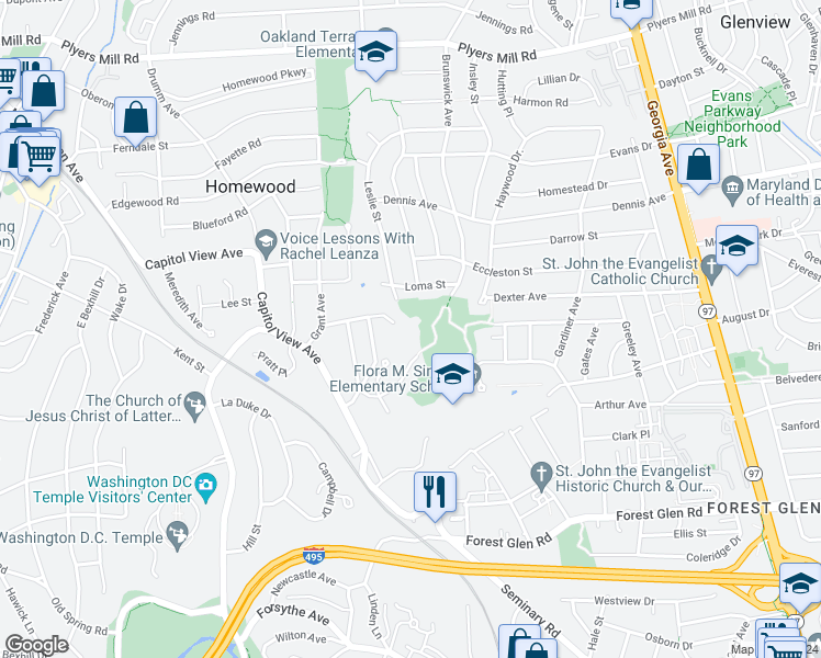 map of restaurants, bars, coffee shops, grocery stores, and more near 2700 Barker Street in Silver Spring