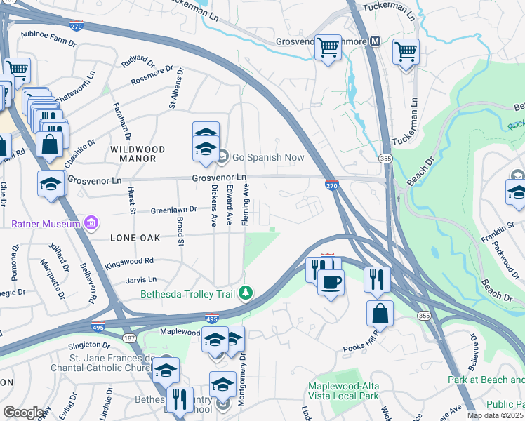 map of restaurants, bars, coffee shops, grocery stores, and more near 163 Winsome Circle in Bethesda