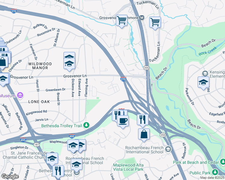map of restaurants, bars, coffee shops, grocery stores, and more near 10010 Laureate Way in Bethesda