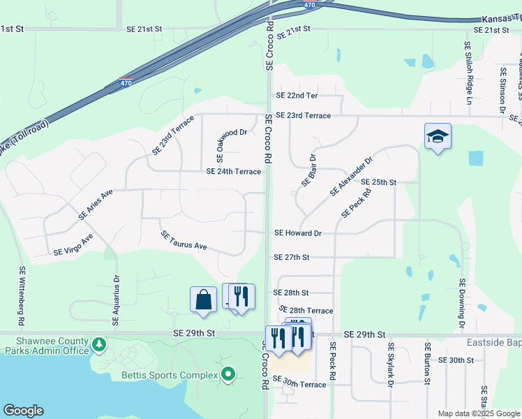 map of restaurants, bars, coffee shops, grocery stores, and more near 3522 Southeast Mercury Court in Topeka