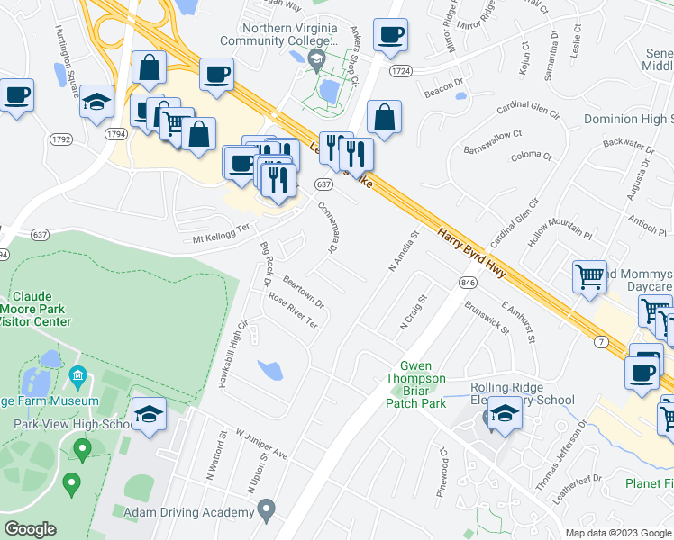 map of restaurants, bars, coffee shops, grocery stores, and more near 205 Edenberry Court in Sterling