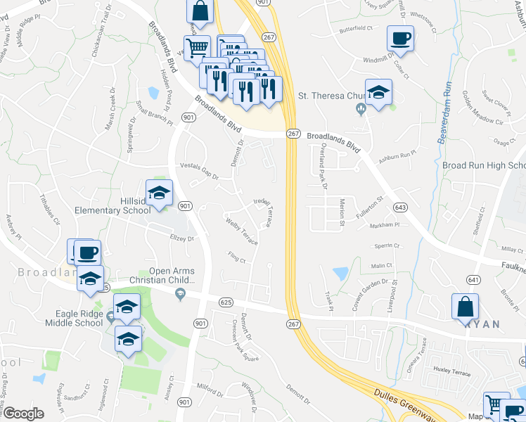 map of restaurants, bars, coffee shops, grocery stores, and more near 43187 Riders Square in Ashburn