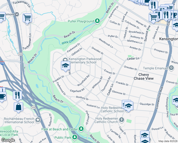 map of restaurants, bars, coffee shops, grocery stores, and more near 4415 Woodfield Road in Kensington