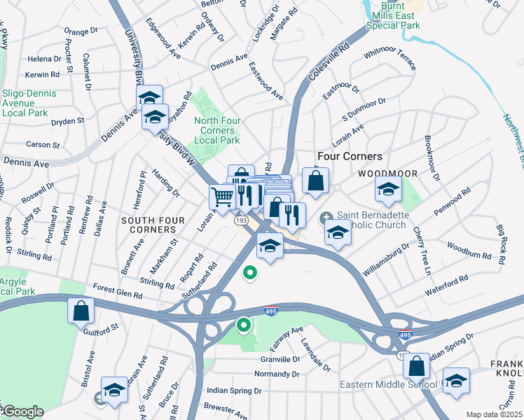 map of restaurants, bars, coffee shops, grocery stores, and more near 10111 Sutherland Road in Silver Spring