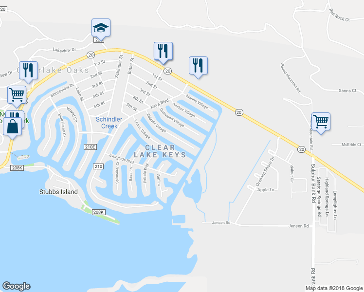 map of restaurants, bars, coffee shops, grocery stores, and more near 13365 Ebb Tide Village in Clearlake Oaks
