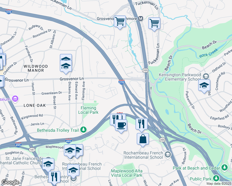 map of restaurants, bars, coffee shops, grocery stores, and more near 5333 Merriam Street in Bethesda