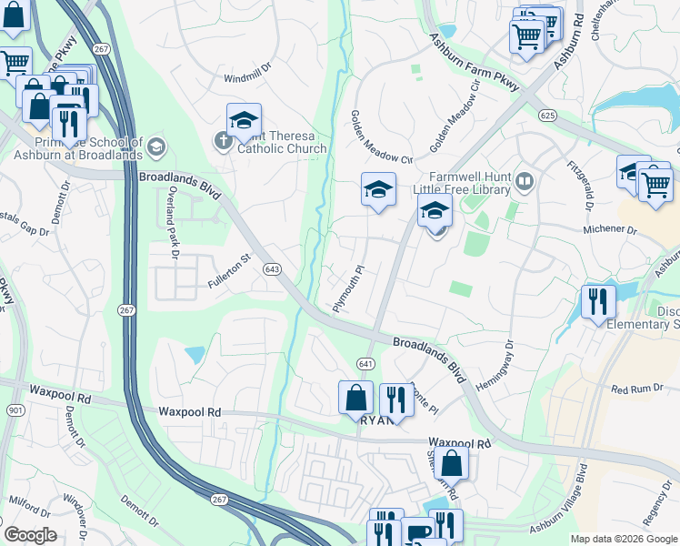 map of restaurants, bars, coffee shops, grocery stores, and more near 43460 Nottingham Square in Ashburn