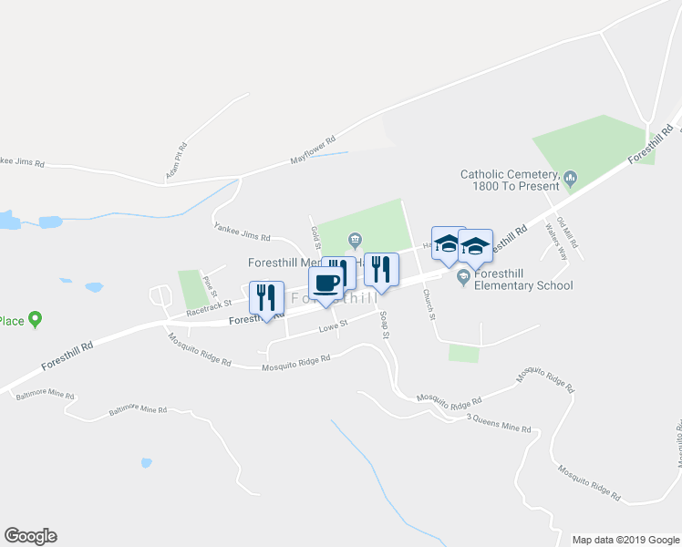 map of restaurants, bars, coffee shops, grocery stores, and more near 24542 Harrison Street in Foresthill