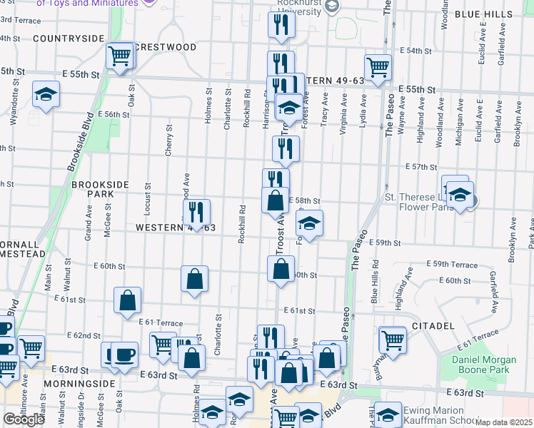 map of restaurants, bars, coffee shops, grocery stores, and more near 5821 Harrison Street in Kansas City