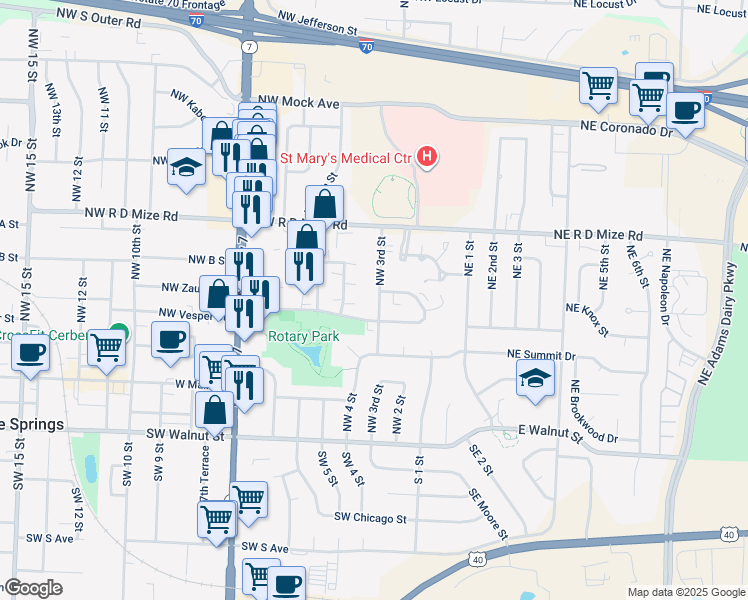 map of restaurants, bars, coffee shops, grocery stores, and more near 402 Northwest 3rd Street in Blue Springs