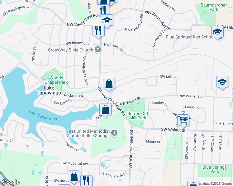 map of restaurants, bars, coffee shops, grocery stores, and more near 303 Northwest Waterwheel Court in Blue Springs