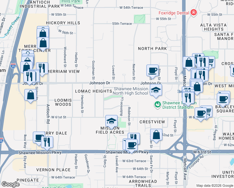 map of restaurants, bars, coffee shops, grocery stores, and more near 7812 West 60th Street in Mission
