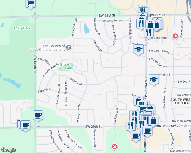 map of restaurants, bars, coffee shops, grocery stores, and more near 2470 Southwest Brookhaven Lane in Topeka