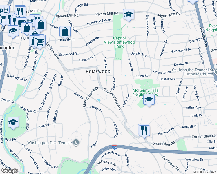 map of restaurants, bars, coffee shops, grocery stores, and more near 10103 Day Avenue in Silver Spring