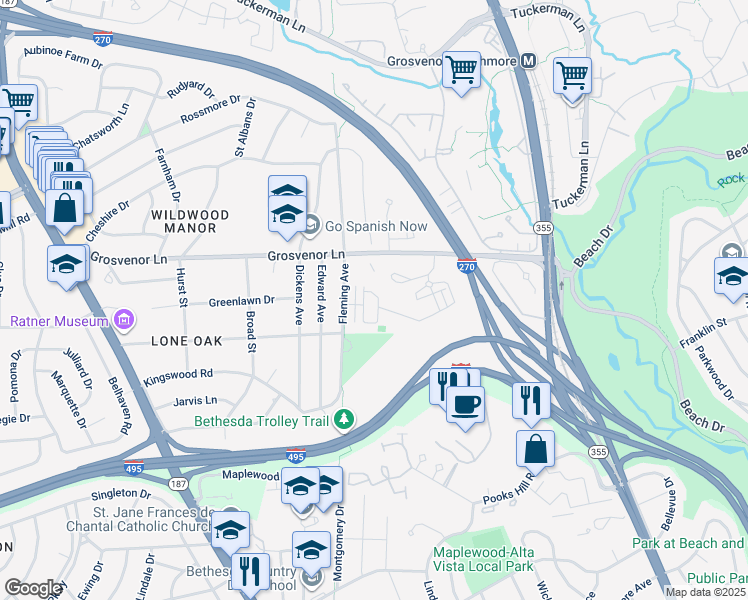 map of restaurants, bars, coffee shops, grocery stores, and more near 115 Winsome Circle in Bethesda