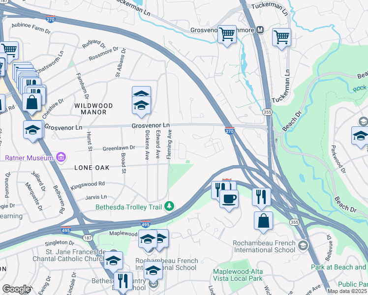 map of restaurants, bars, coffee shops, grocery stores, and more near 115 Winsome Circle in Bethesda