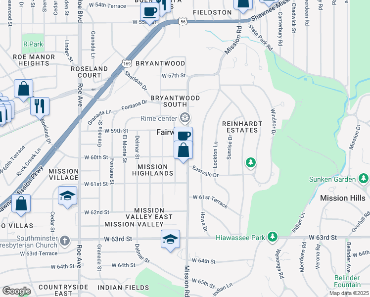 map of restaurants, bars, coffee shops, grocery stores, and more near 5932 Mission Road in Fairway