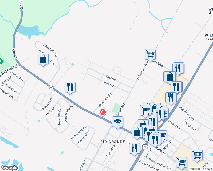 map of restaurants, bars, coffee shops, grocery stores, and more near 119 Davis Road in Rio Grande