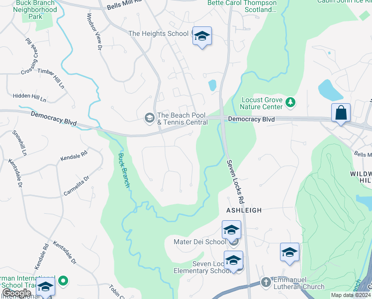 map of restaurants, bars, coffee shops, grocery stores, and more near 8141 Buckspark Lane East in Rockville