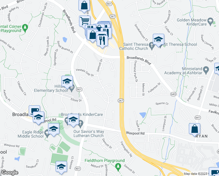 map of restaurants, bars, coffee shops, grocery stores, and more near 43184 Riders Square in Ashburn