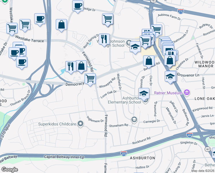 map of restaurants, bars, coffee shops, grocery stores, and more near 6514 Winnepeg Road in Bethesda