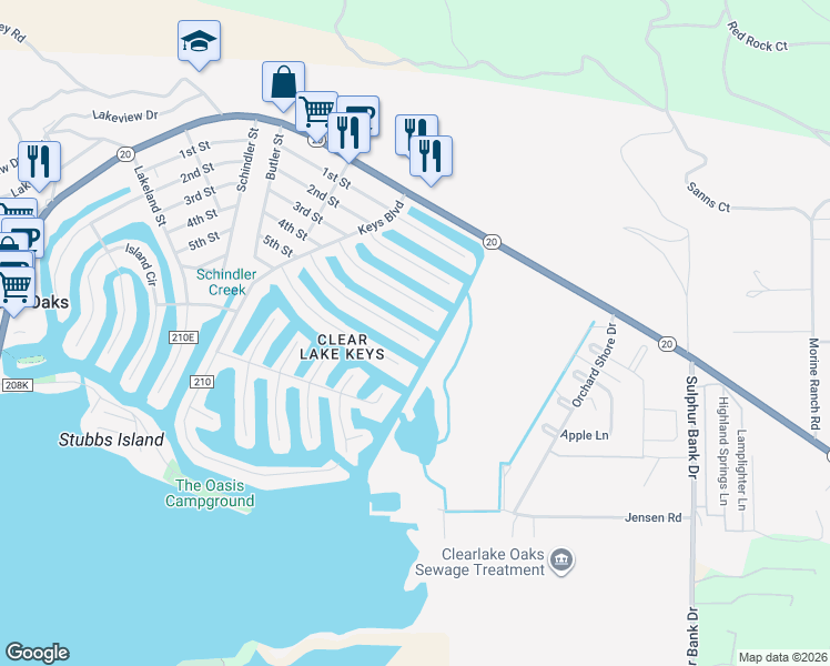 map of restaurants, bars, coffee shops, grocery stores, and more near 13430 Ebbtide Village in Clearlake Oaks