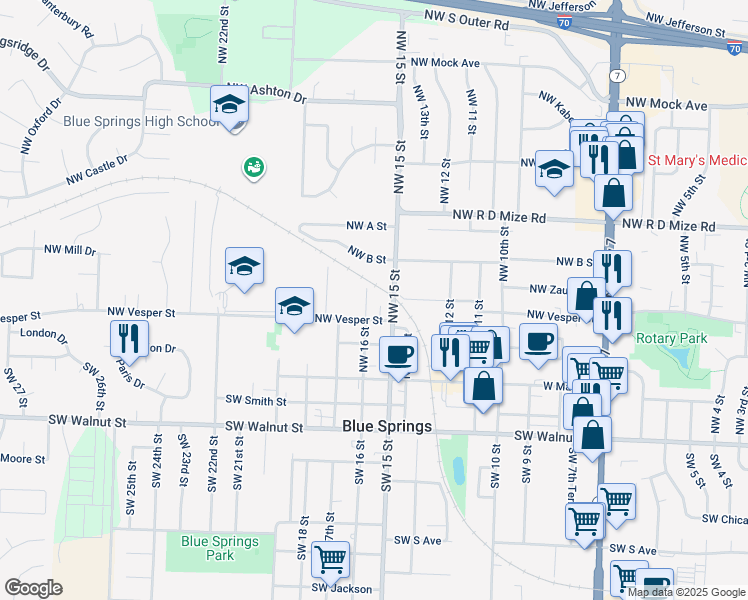map of restaurants, bars, coffee shops, grocery stores, and more near 308A Northwest 16 Street in Blue Springs