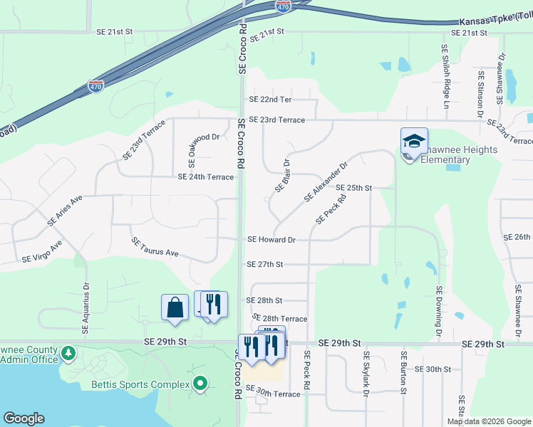 map of restaurants, bars, coffee shops, grocery stores, and more near 2543 Southeast Blair Drive in Topeka