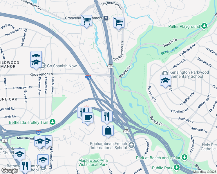 map of restaurants, bars, coffee shops, grocery stores, and more near 5353 King Charles Way in Bethesda