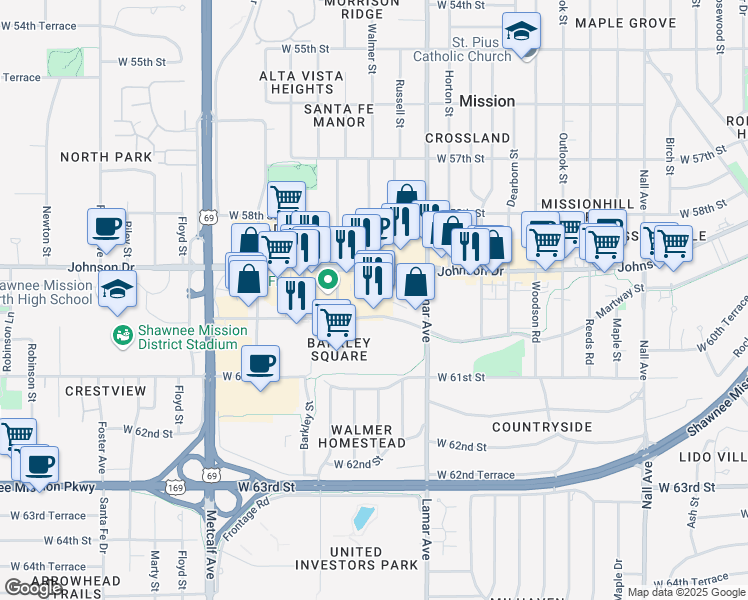 map of restaurants, bars, coffee shops, grocery stores, and more near 6508 Martway Street in Mission
