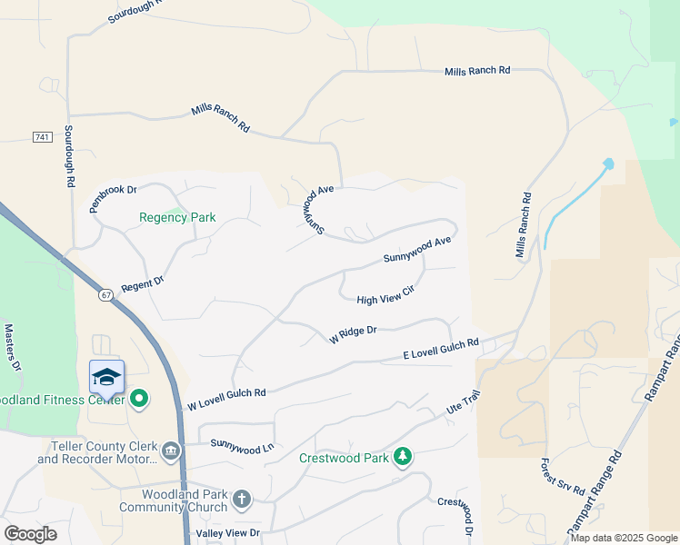 map of restaurants, bars, coffee shops, grocery stores, and more near 2599 Sunnywood Avenue in Woodland Park