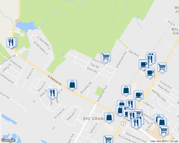 map of restaurants, bars, coffee shops, grocery stores, and more near 119 Davis Road in Rio Grande