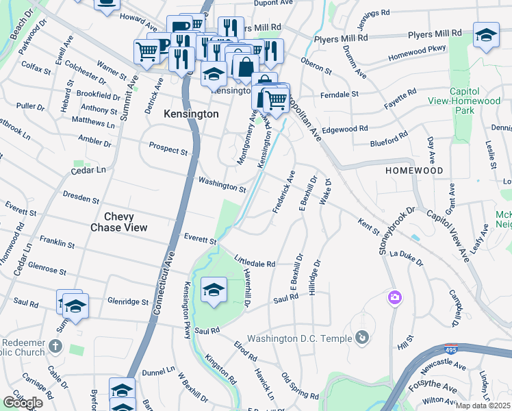 map of restaurants, bars, coffee shops, grocery stores, and more near 10027 Kensington Parkway in Kensington