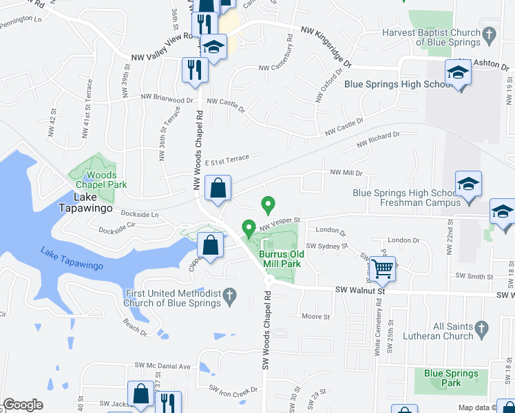 map of restaurants, bars, coffee shops, grocery stores, and more near 210 Northwest Waterwheel Court in Blue Springs