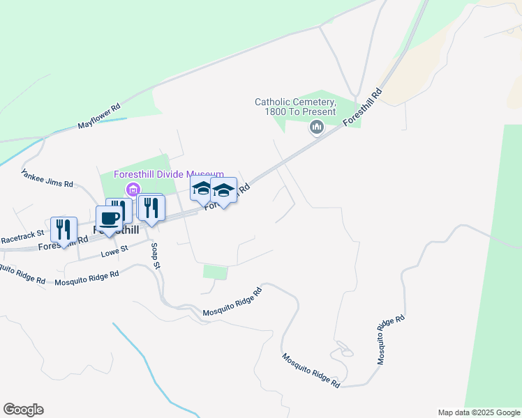 map of restaurants, bars, coffee shops, grocery stores, and more near 25050 Randy Court in Foresthill