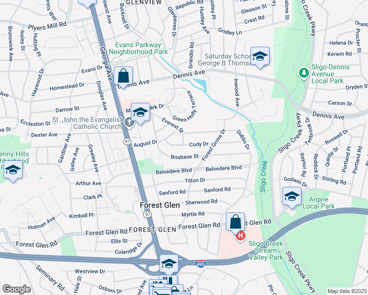 map of restaurants, bars, coffee shops, grocery stores, and more near 1720 Cody Drive in Silver Spring