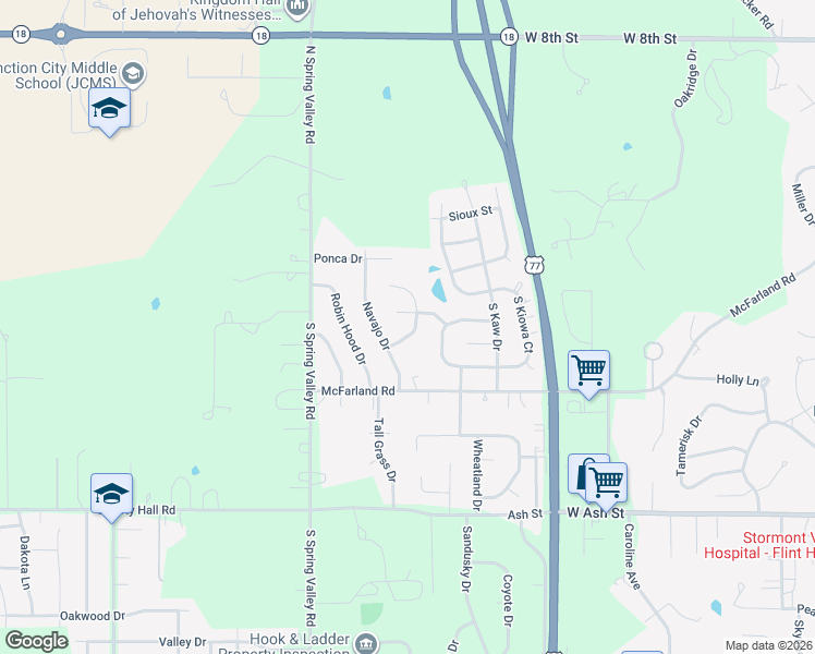 map of restaurants, bars, coffee shops, grocery stores, and more near 206 Nottingham Drive in Junction City