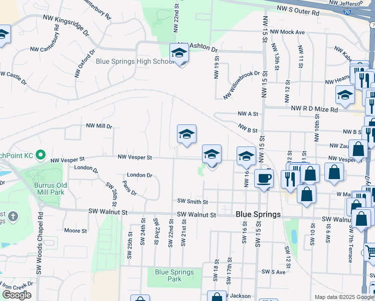 map of restaurants, bars, coffee shops, grocery stores, and more near 2103 Northwest Vesper Street in Blue Springs