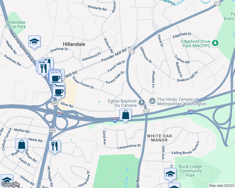 map of restaurants, bars, coffee shops, grocery stores, and more near 10101 Green Forest Drive in Adelphi