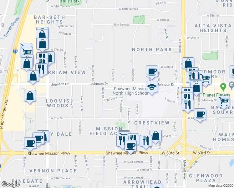 map of restaurants, bars, coffee shops, grocery stores, and more near 7812 West 60th Street in Mission