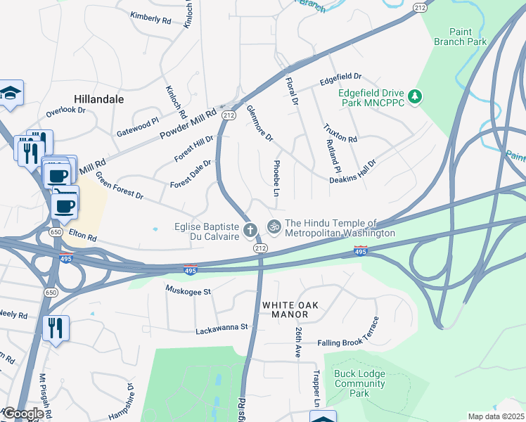 map of restaurants, bars, coffee shops, grocery stores, and more near 2505 Killdeer Avenue in Adelphi