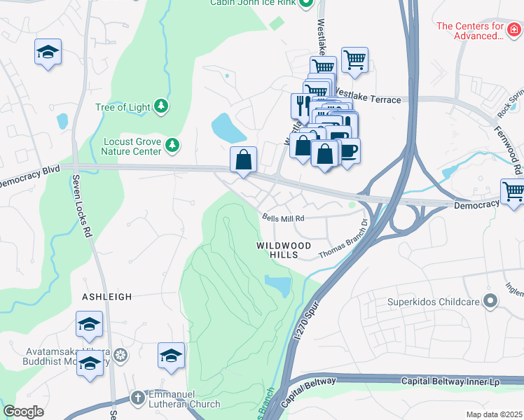 map of restaurants, bars, coffee shops, grocery stores, and more near 10100 Galsworthy Place in Bethesda