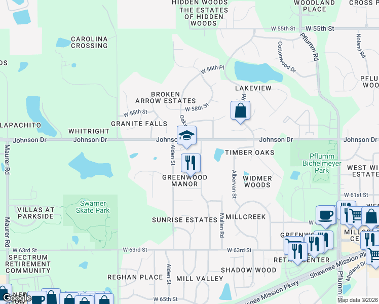 map of restaurants, bars, coffee shops, grocery stores, and more near 5901 Alden Street in Shawnee