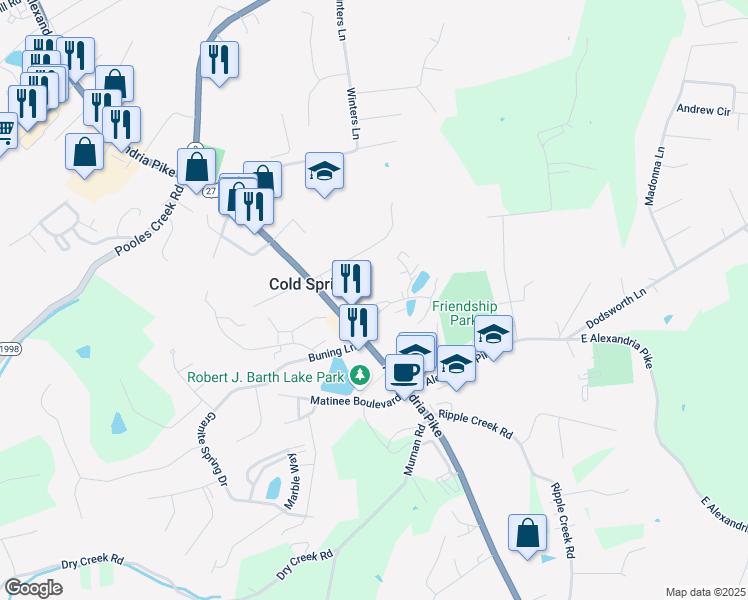 map of restaurants, bars, coffee shops, grocery stores, and more near 403 Downing Street in Cold Spring